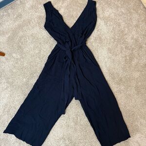 Babaton Aritzia Navy Sleeveless V Neck Wide Leg Crop Marcus Jumpsuit Size XSmall